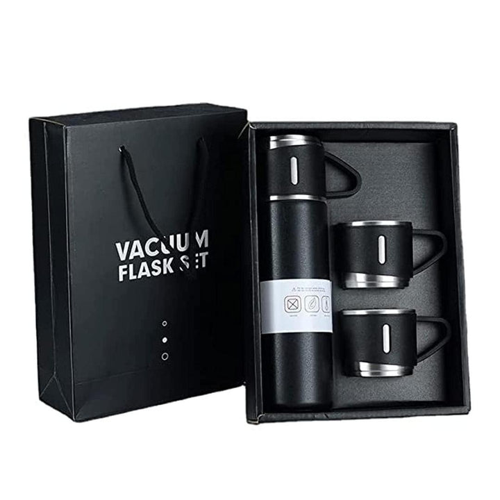 Stainless Steel Vacuum Flask Set – Insulated Black Thermos for Hot & Cold Drinks