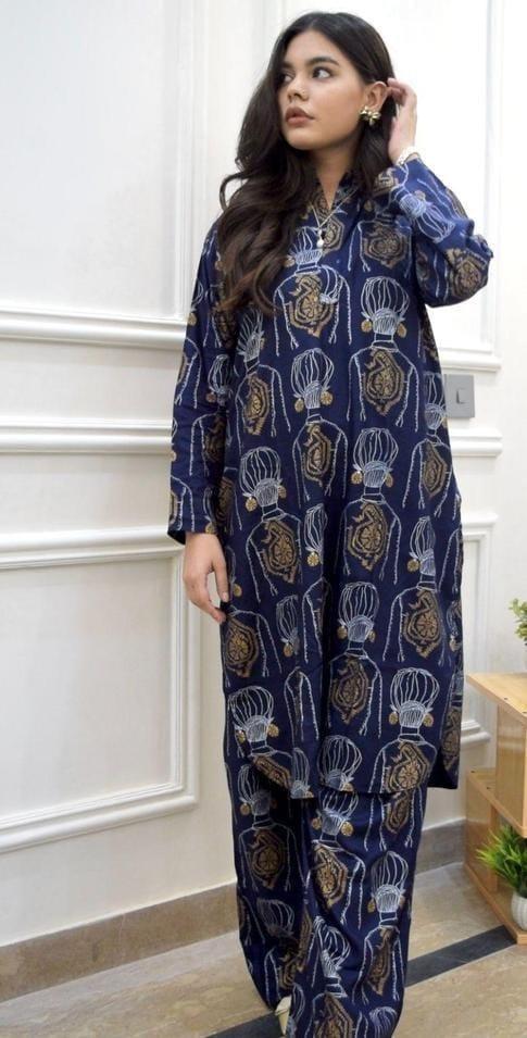 2-Piece Printed Linen Suit – Blue Elegance for Everyday Style