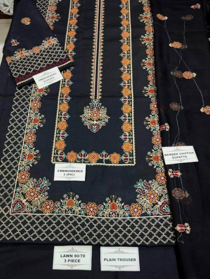 3-Piece Printed Lawn Suit – Black Tana Dora Edition (Unstitched)