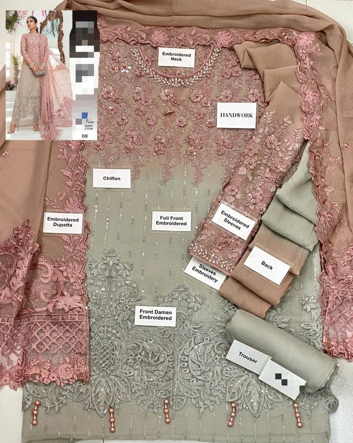 3-Piece Embroidered Chiffon Suit – Pink Elegance (Unstitched)