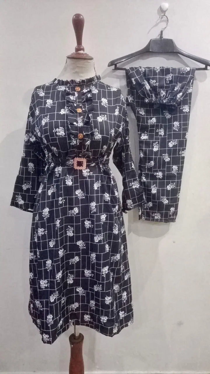 Stylish Printed Frock and Trouser Set – 2 Pcs for Women | Black Cotton Wear