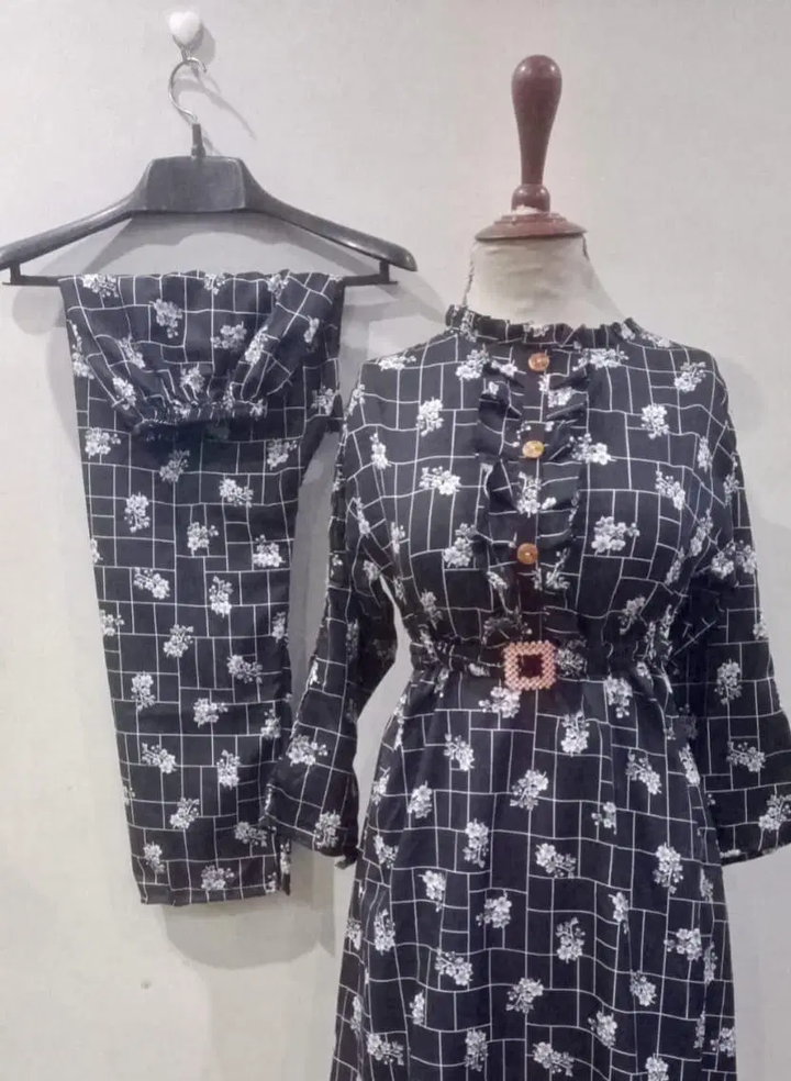 Stylish Printed Frock and Trouser Set – 2 Pcs for Women | Black Cotton Wear