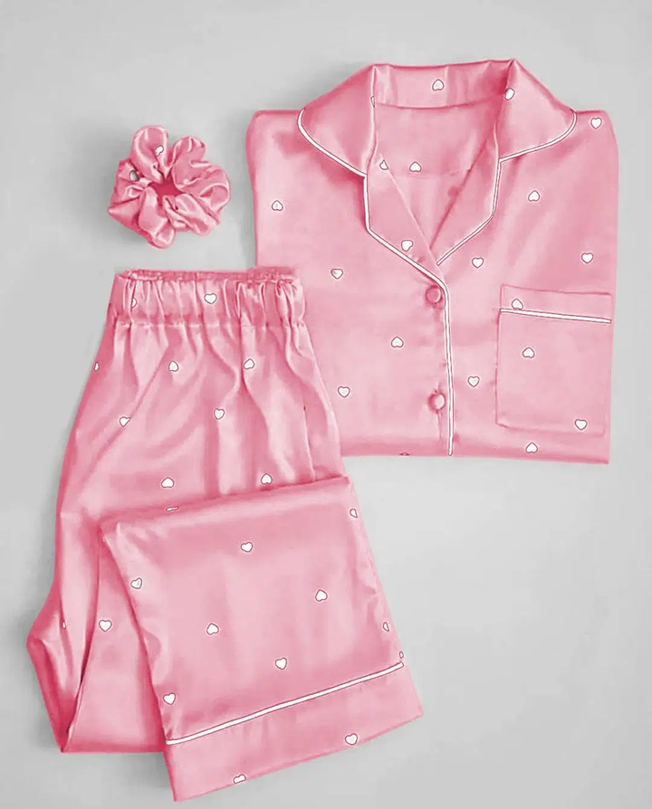 2 Pcs Women's Stitched Printed Night Suit – Pink (with Heart Printed Hair Scrunch)