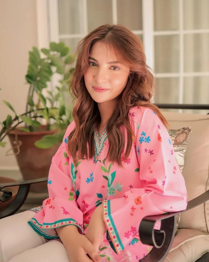 Stylish Pink Lawn Printed Shirt & Trouser Set for Women – 2 Pcs Stitched Outfit