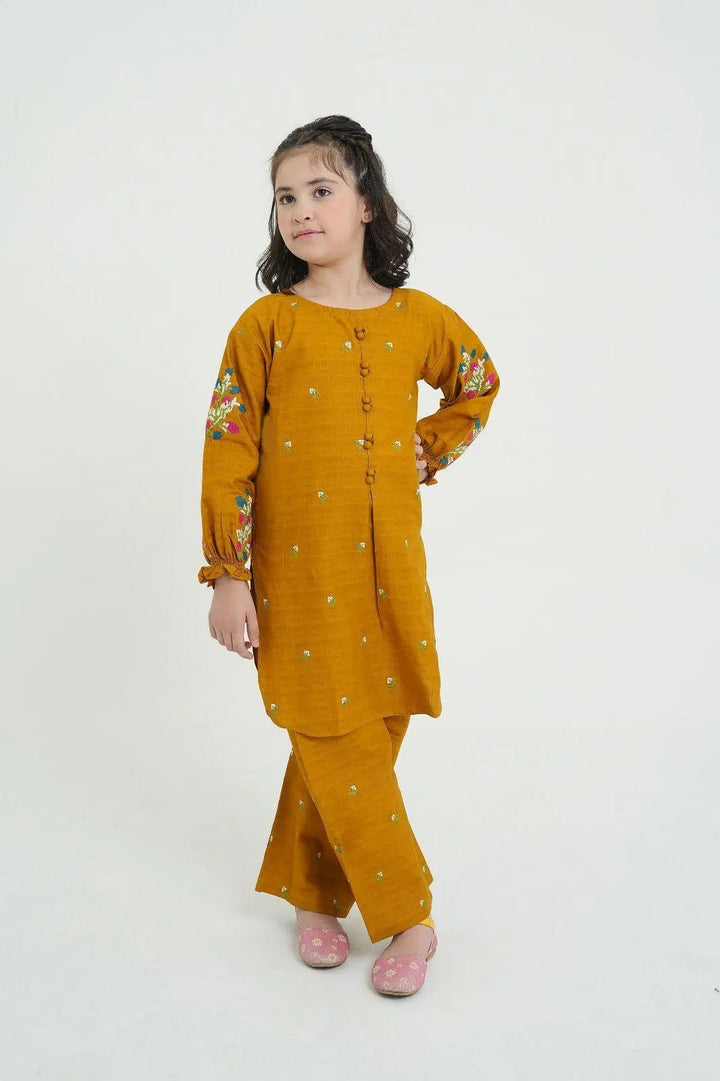 Girl’s 2 Pcs Mustard Cotton Embroidered Kurta & Pajama Set – Ages 6-12