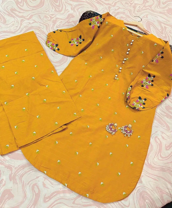 Girl’s 2 Pcs Mustard Cotton Embroidered Kurta & Pajama Set – Ages 6-12